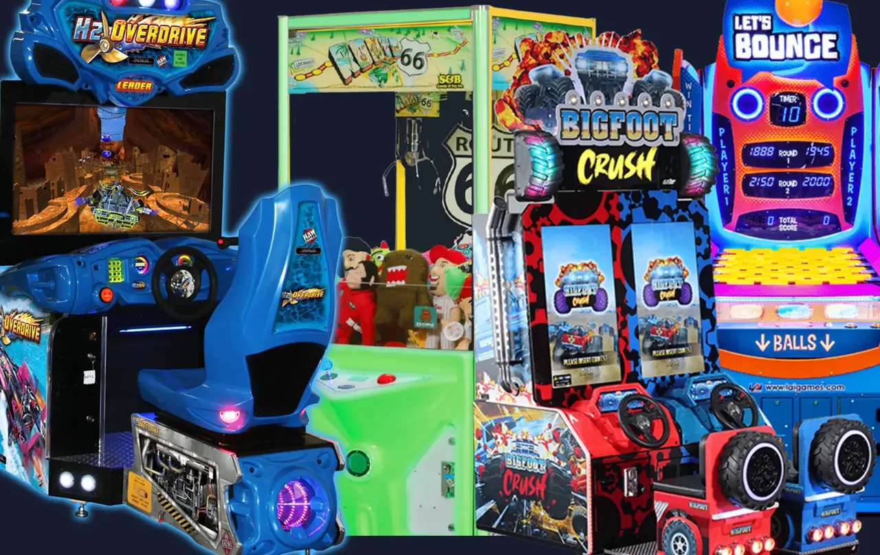 H2Overdrive, Route 66 crane, Bigfoot Crush and Let's Bounce games on the floor at Rainey's Arcade